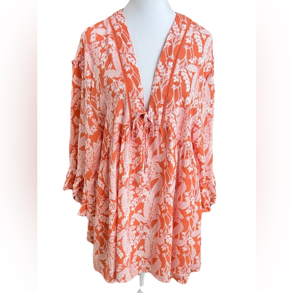 RACHEL ZOE Orange & White Floral Babydoll Style Loose & Flowy Tunic Top Blouse M